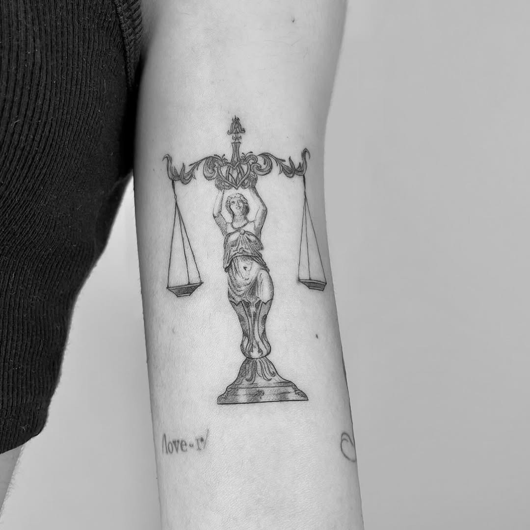 This tattoo features a stunning depiction of Lady Justice holding scales, symbolizing balance and fairness.