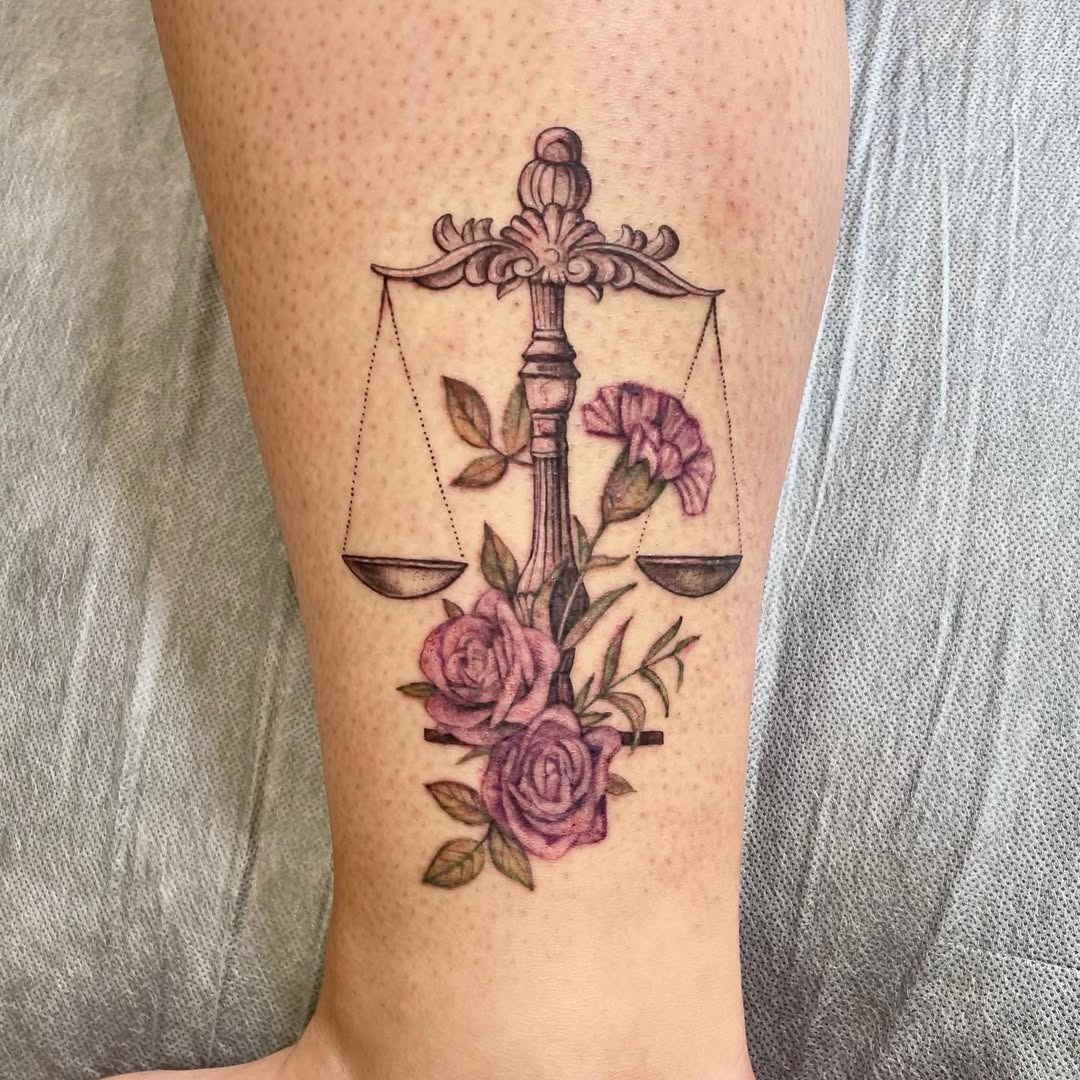 This beautiful tattoo features a scale adorned with roses, capturing the essence of balance and beauty.