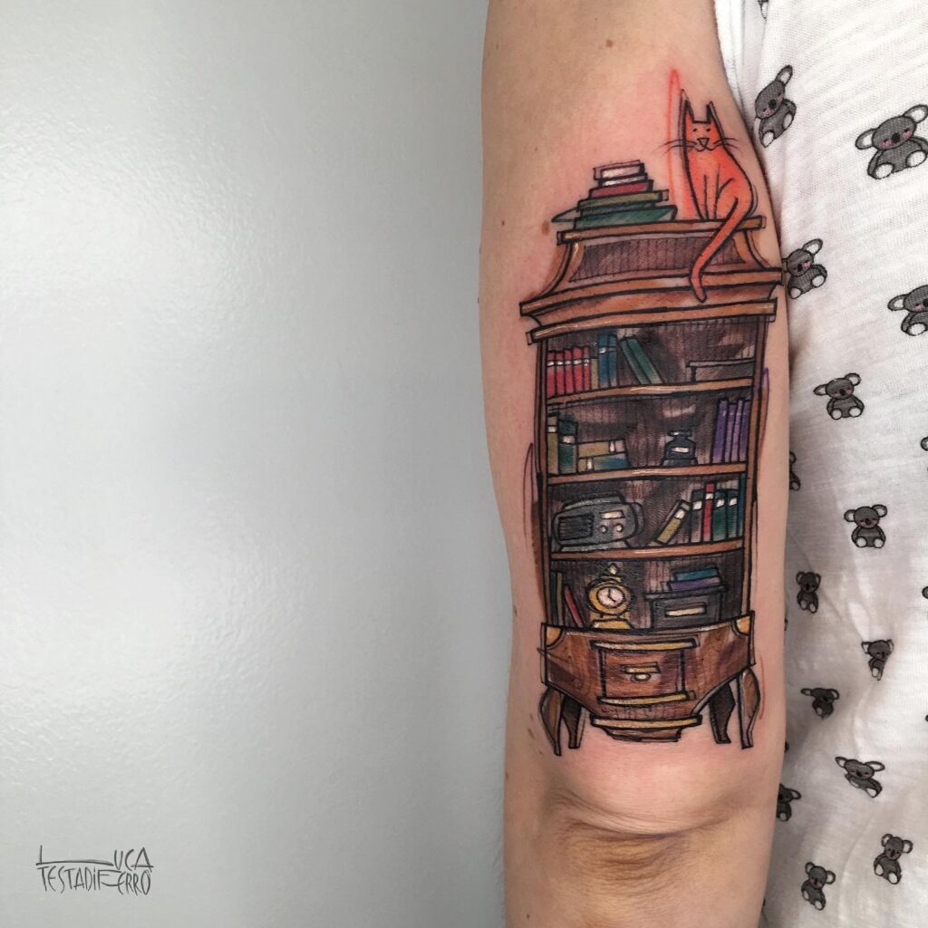 Bookshelf with Cat Tattoo Tattoo Design