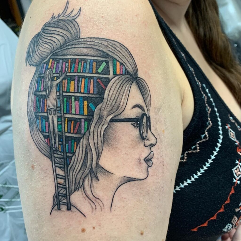 Colorful Bookshelf Hair Portrait Tattoo Tattoo Design