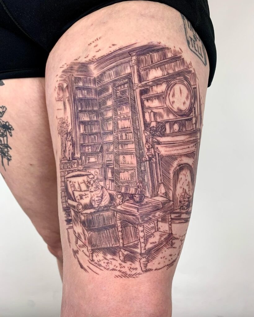 Cozy Library Scene with Cat Tattoo Tattoo Design