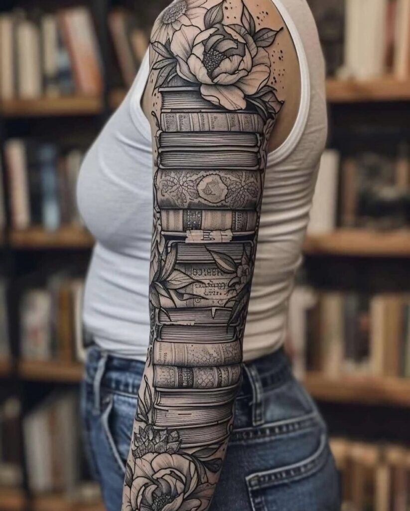 Elegant Floral Book Stack Sleeve Tattoo Tattoo Design