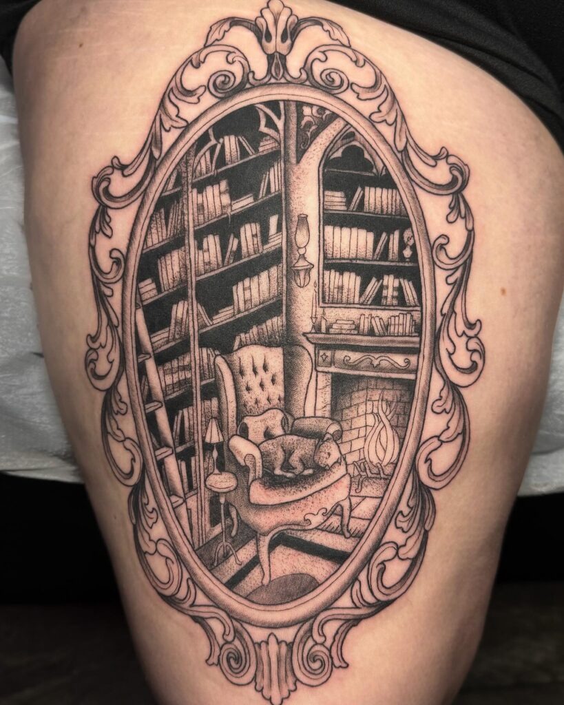 Framed Library with Fireplace Tattoo Tattoo Design