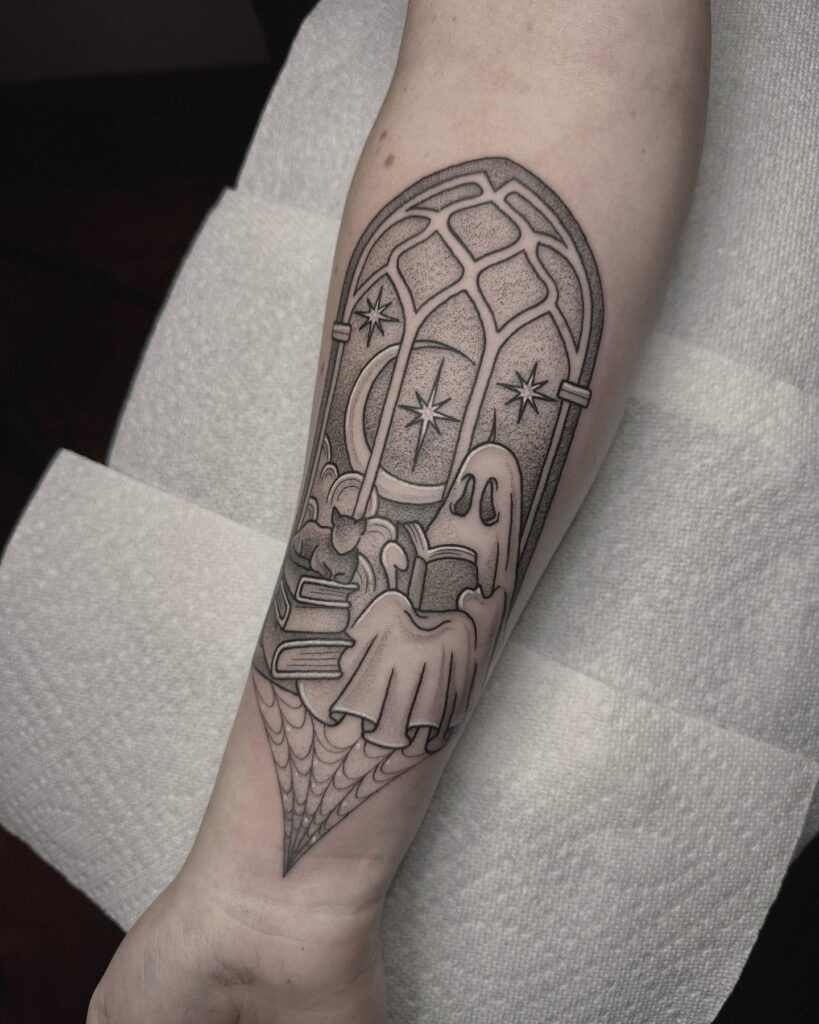 Ghost Reading by Gothic Window Tattoo Tattoo Design