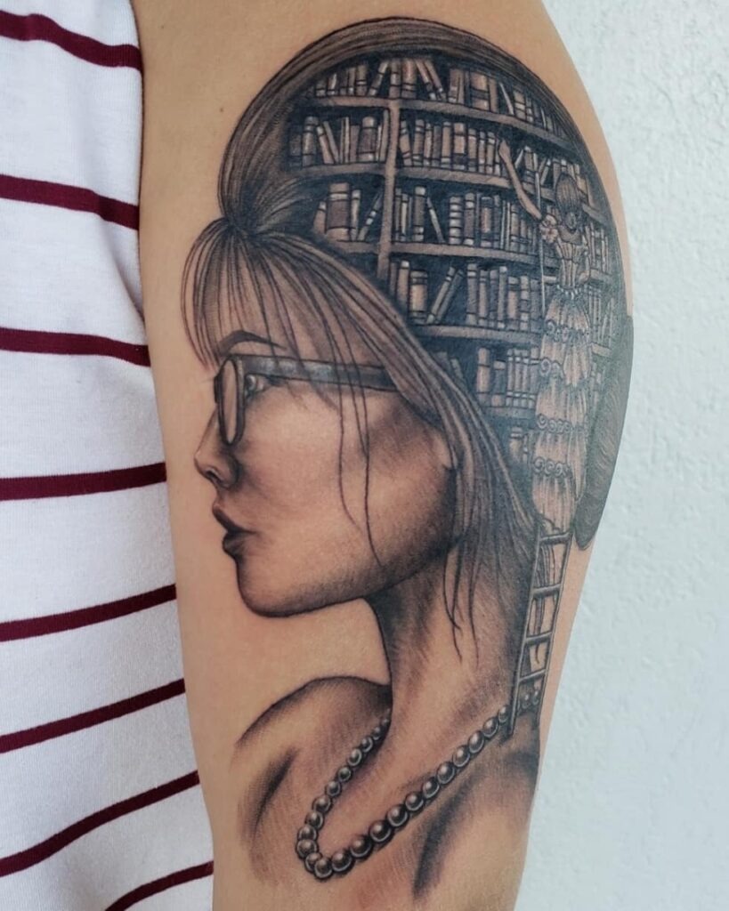 Realistic Woman with Library Hair Tattoo Tattoo Design