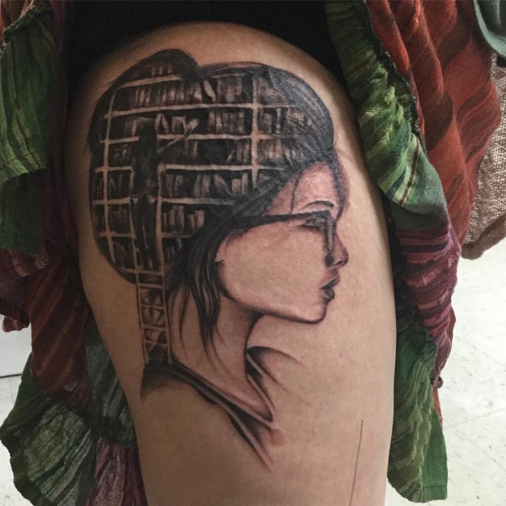 Woman with Bookshelf Hair Silhouette Tattoo Tattoo Design