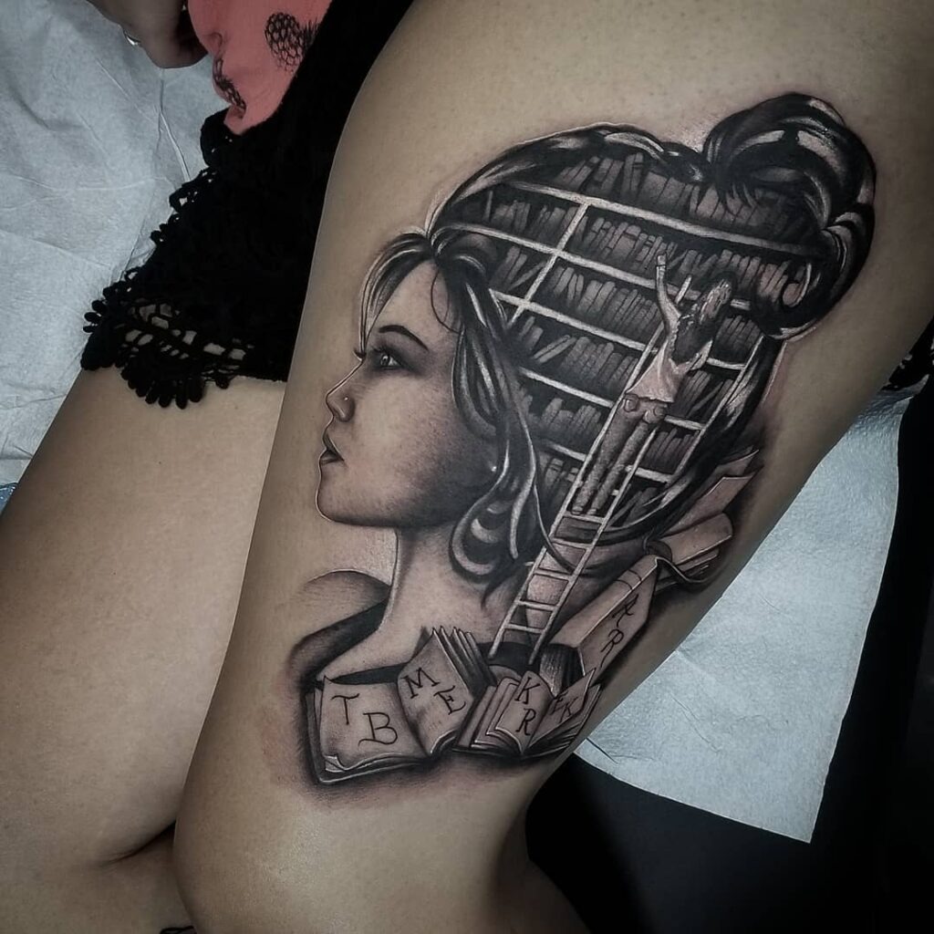 Woman with Bookshelf Hair Tattoo Tattoo Design