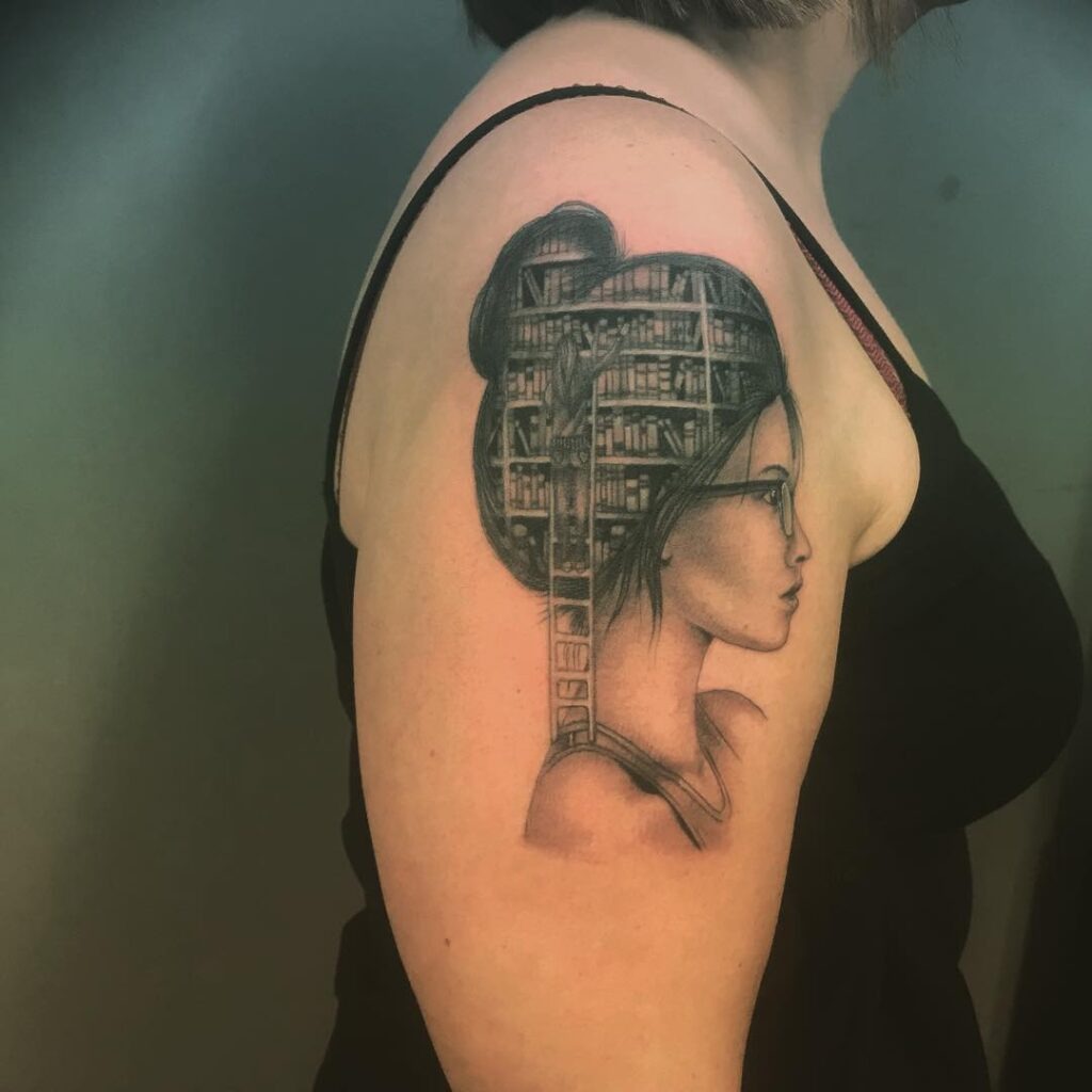 Woman with Library Bun Tattoo Tattoo Design