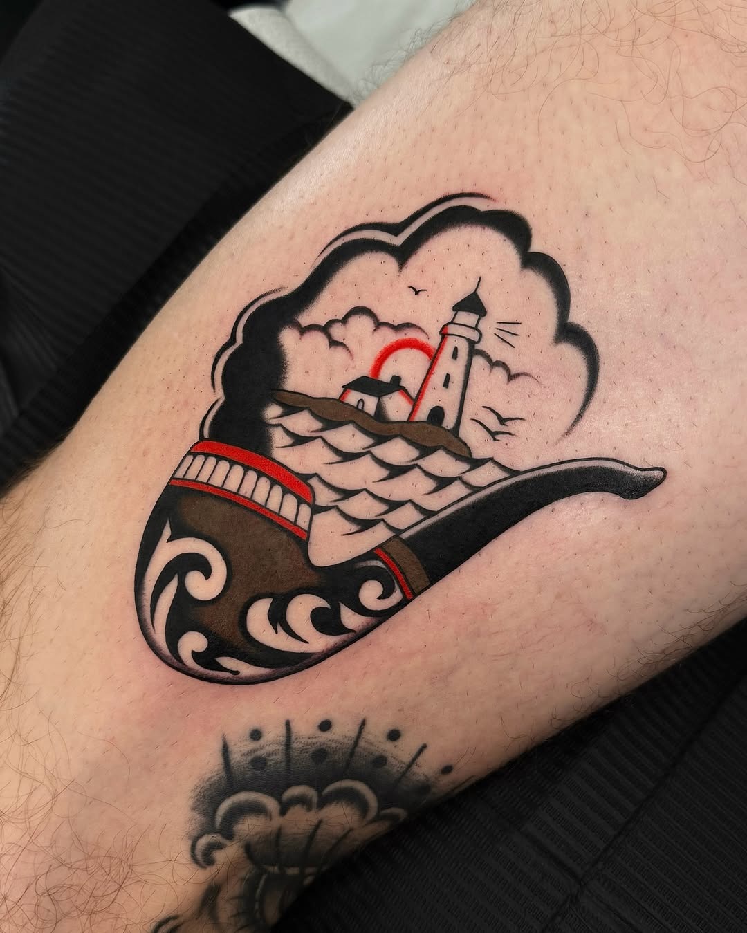 A unique lighthouse inside a smoking pipe tattoo Tattoo Design
