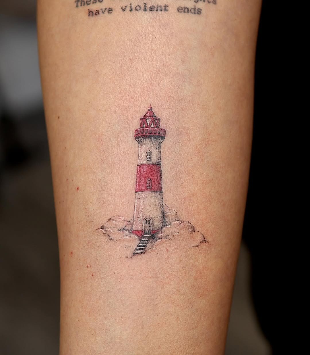 Charming lighthouse tattoo with red and white hues Tattoo Design