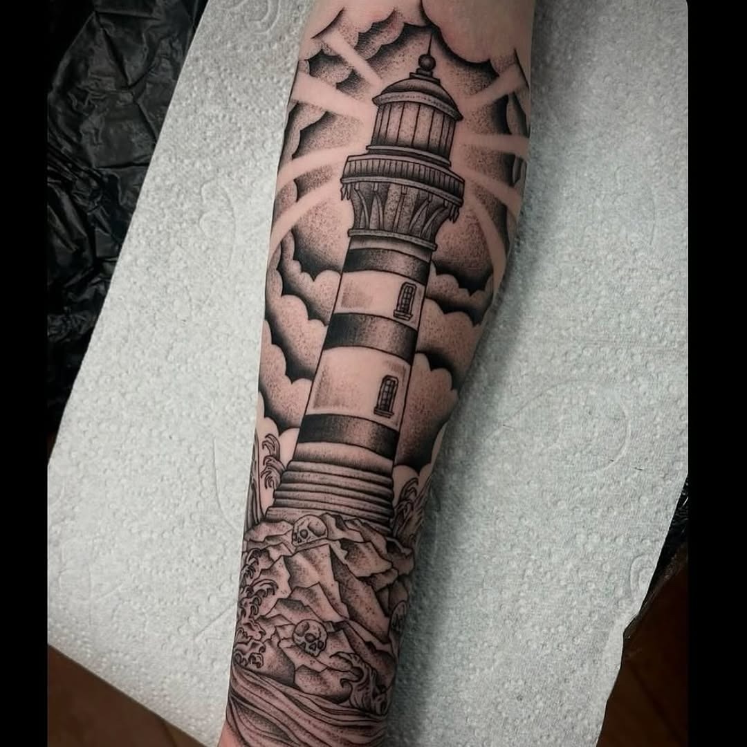 Detailed lighthouse tattoo with waves and clouds Tattoo Design