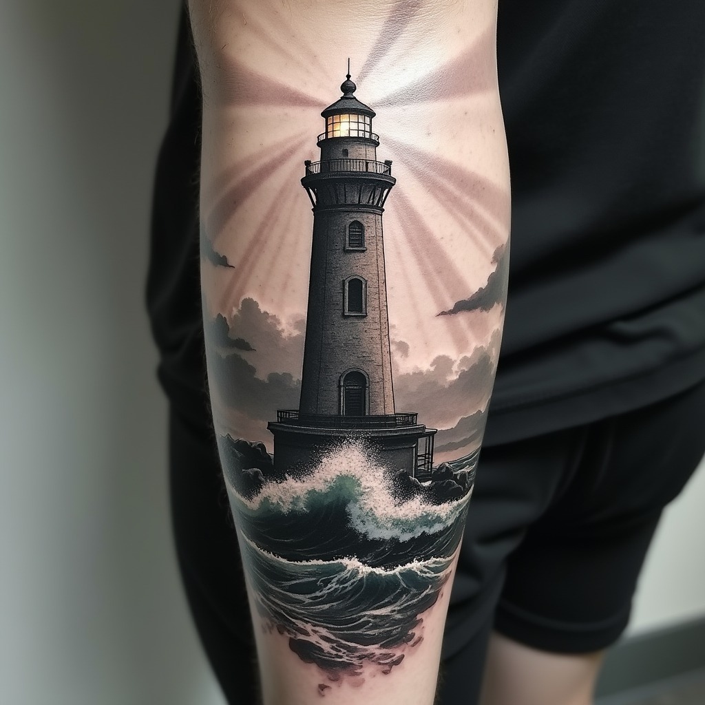 Majestic lighthouse tattoo with ocean waves Tattoo Design