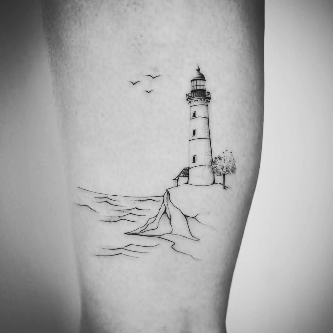 Minimalist lighthouse tattoo on the leg Tattoo Design