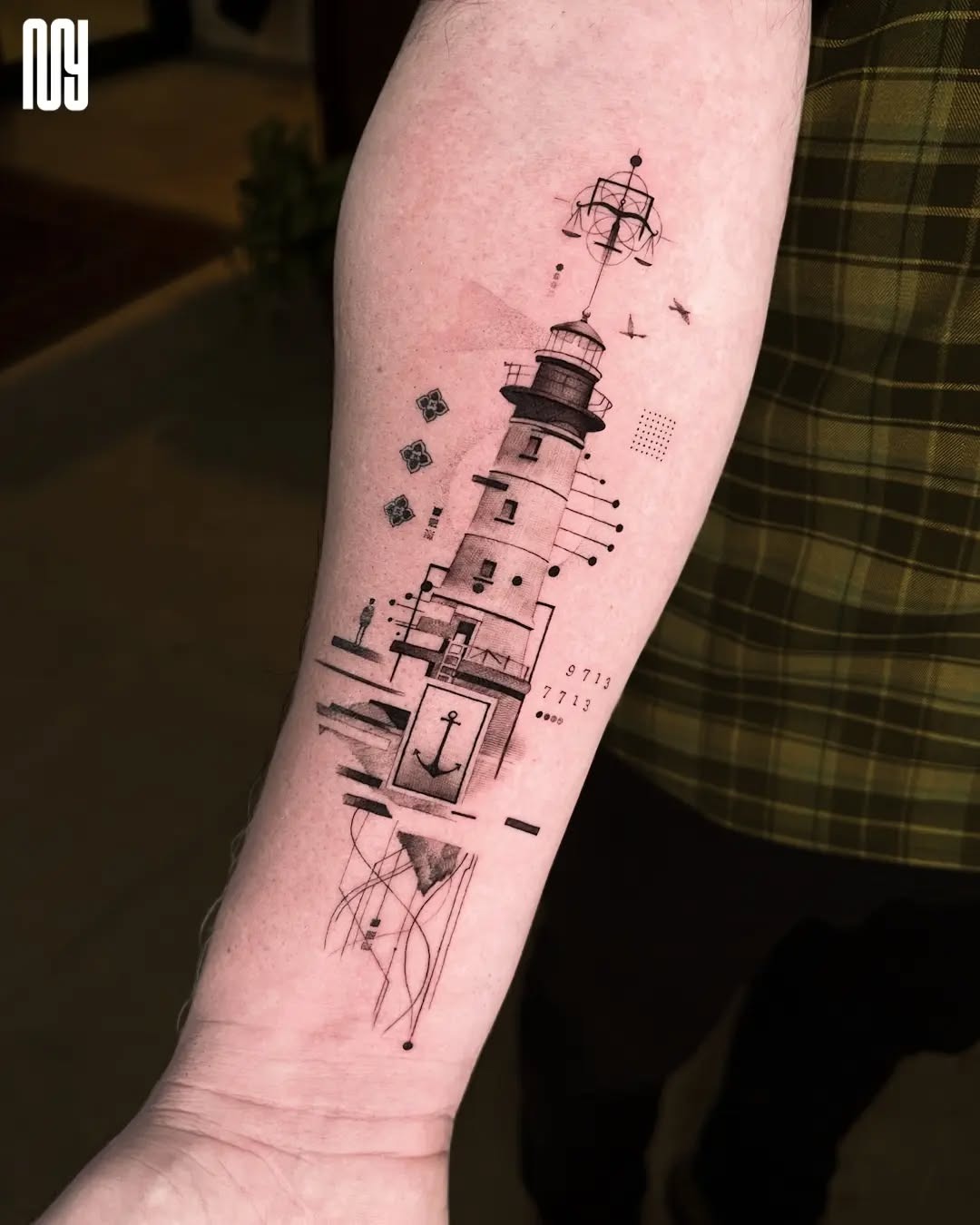 Stunning lighthouse tattoo with abstract elements Tattoo Design