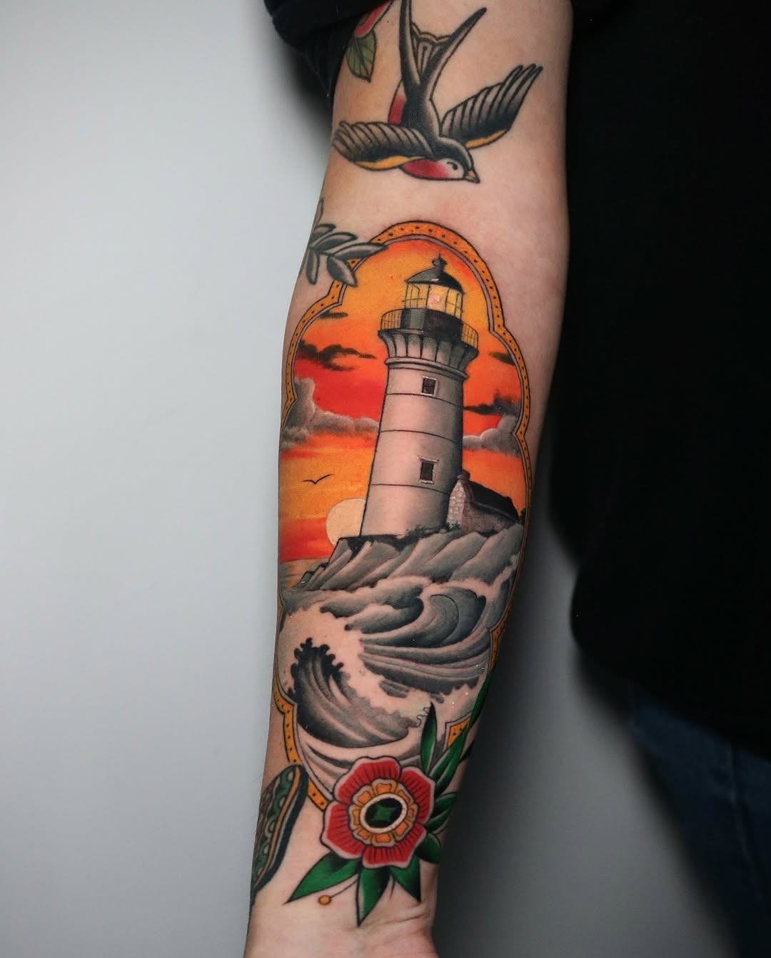 Stunning Lighthouse Tattoo with Sunrise Detail Tattoo Design