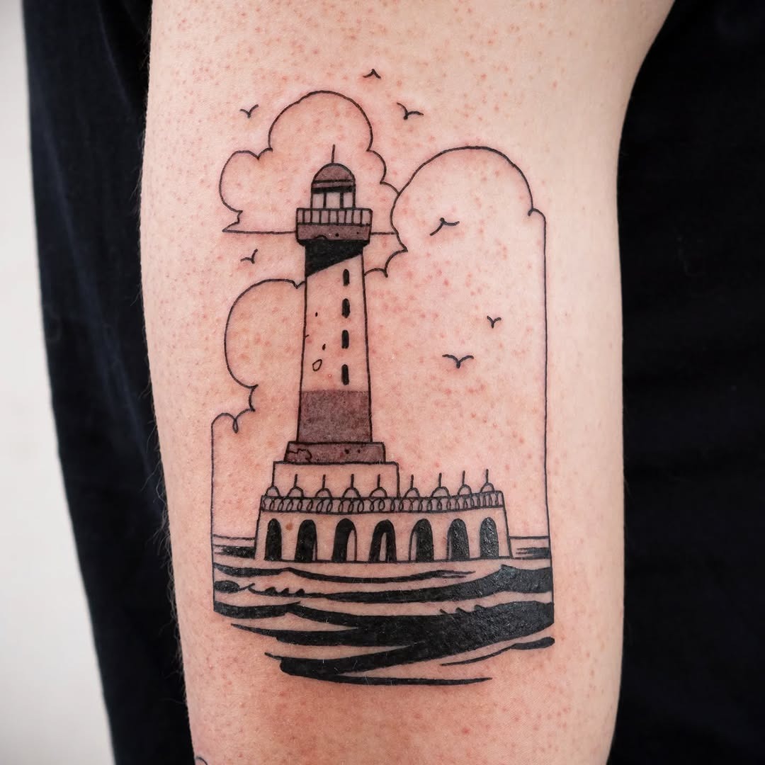 Stunning minimalist lighthouse tattoo with waves Tattoo Design