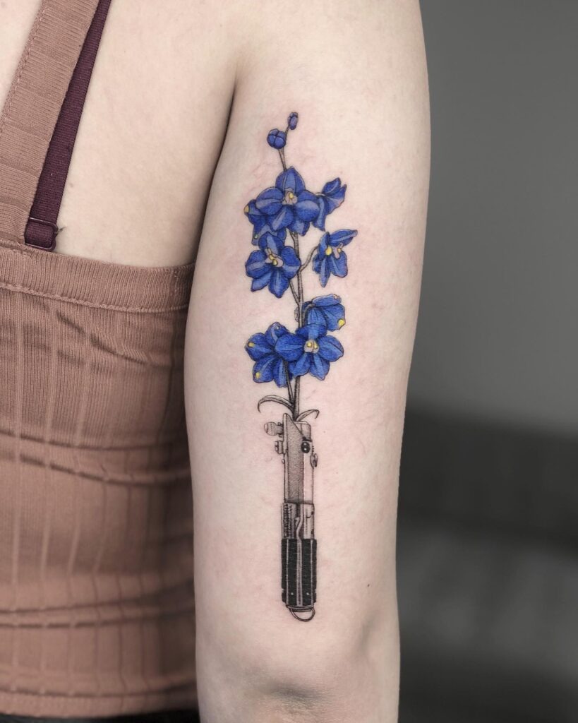 Anakin's Lightsaber with Blue Delphinium Flowers Tattoo Tattoo Design