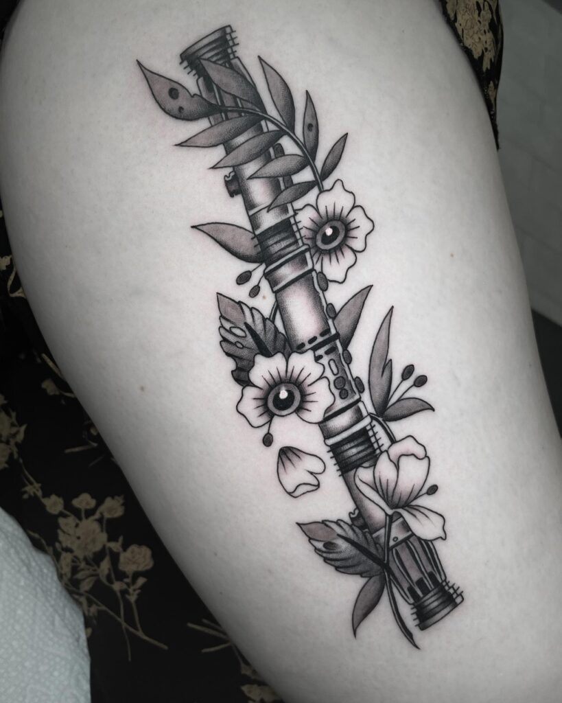 Darth Maul's Lightsaber with Floral Blackwork Tattoo Tattoo Design