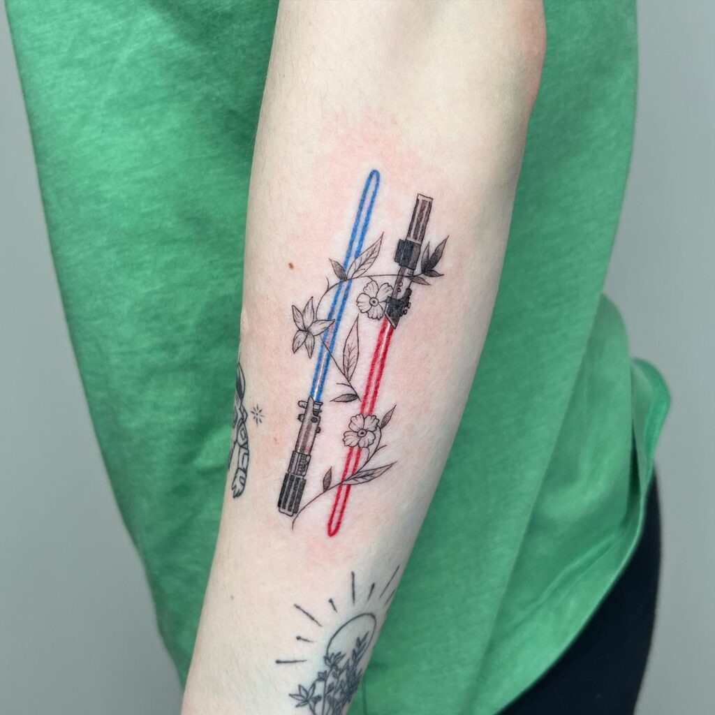 Dual Lightsaber Floral Tattoo - Jedi vs. Sith Tattoo Design