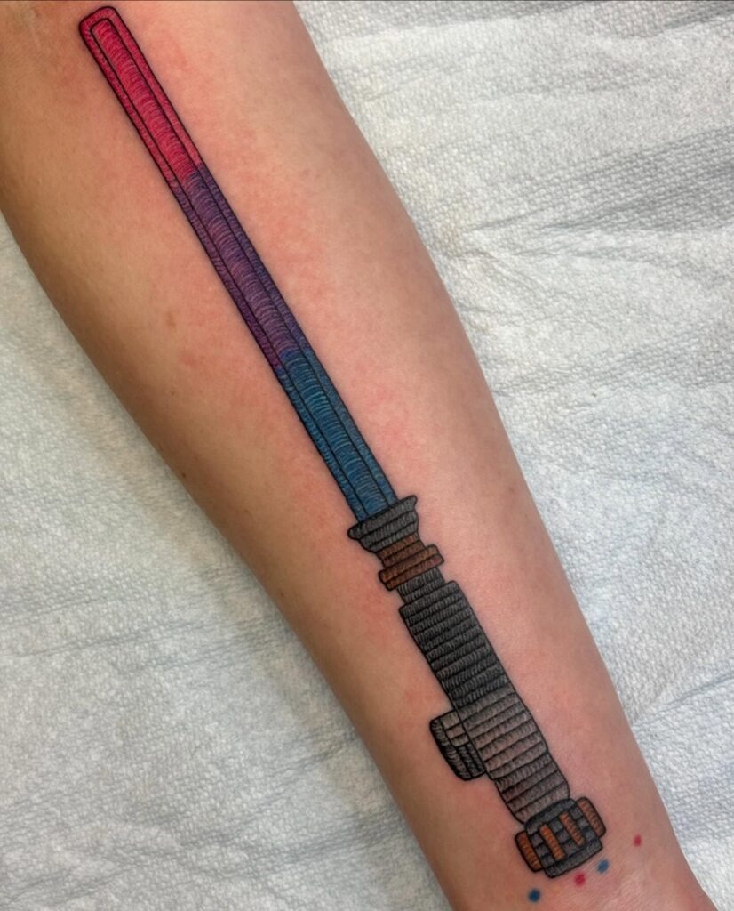 Embroidered-Style Lightsaber Tattoo with Gradient Blade Tattoo Design