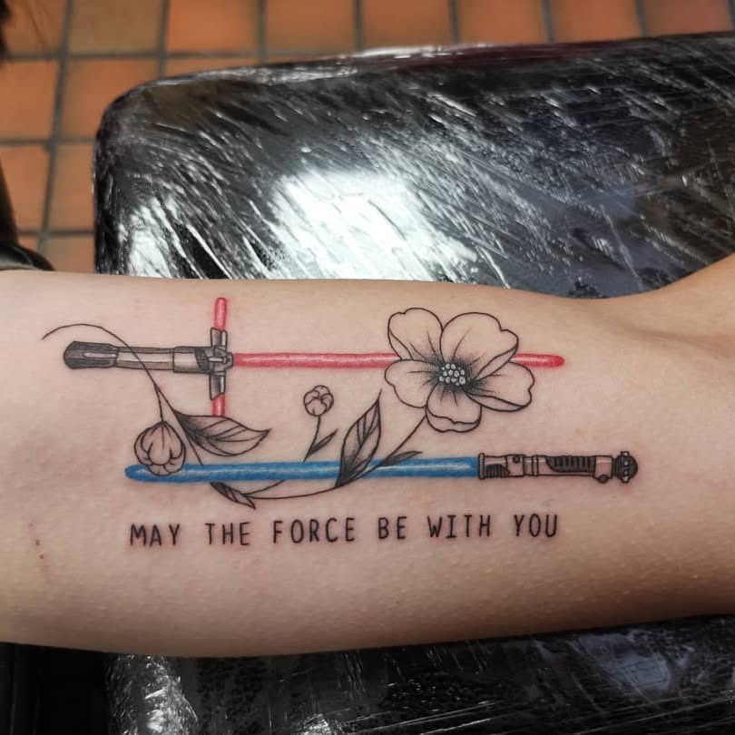 Jedi and Sith Lightsaber Floral Tattoo with Quote Tattoo Design
