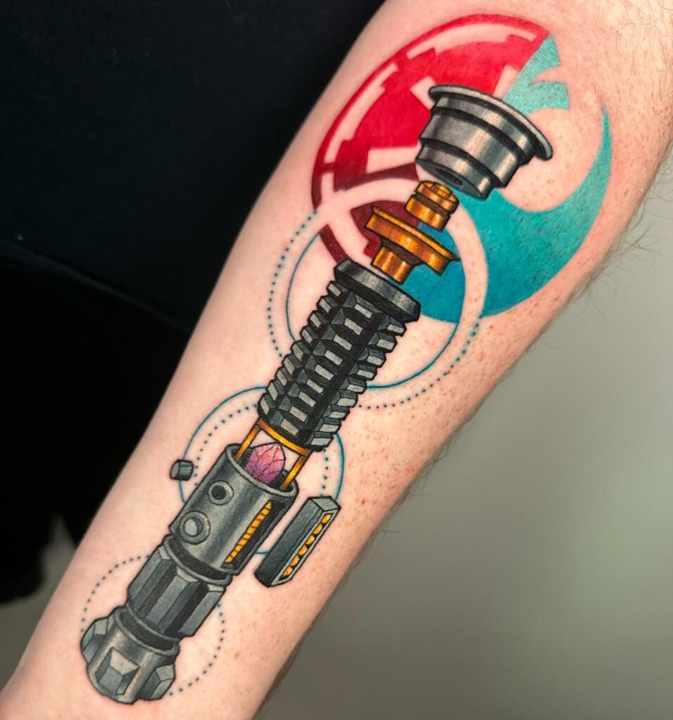 Lightsaber Tattoo with Jedi and Sith Emblems Tattoo Design