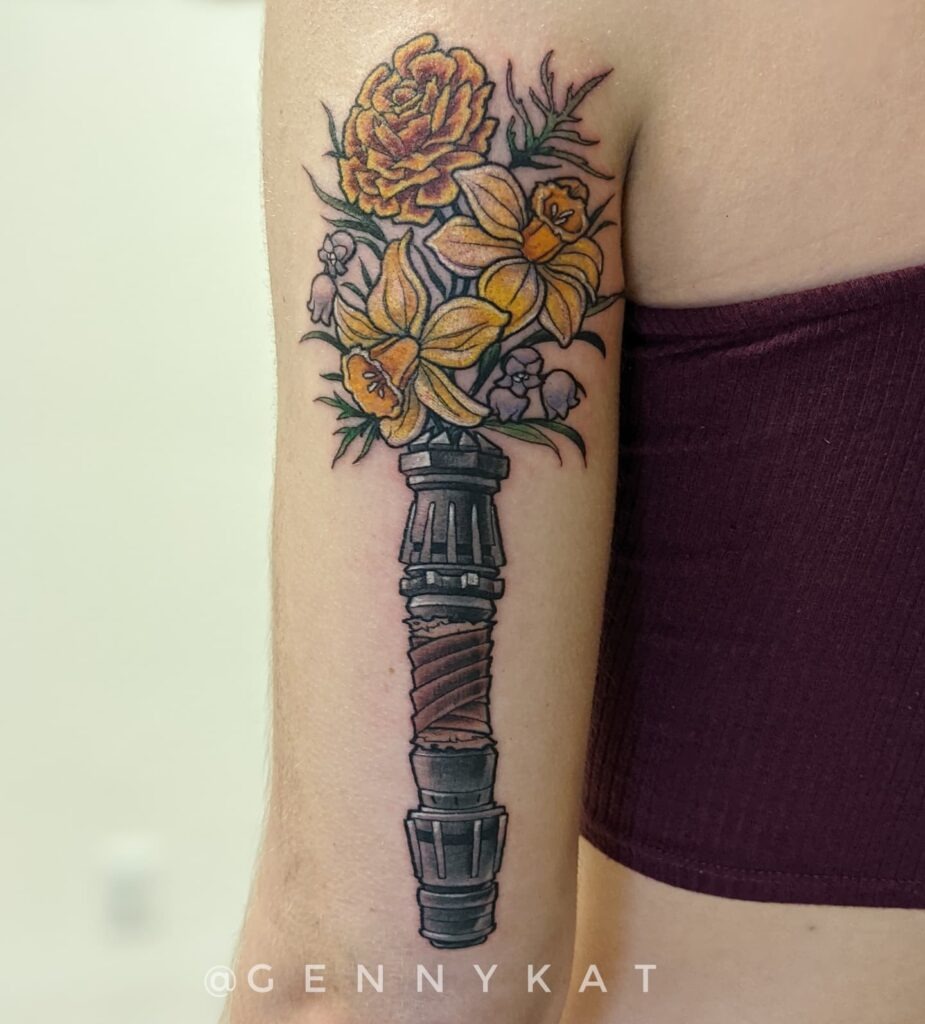 Lightsaber with Family Birth Flowers Tattoo Tattoo Design