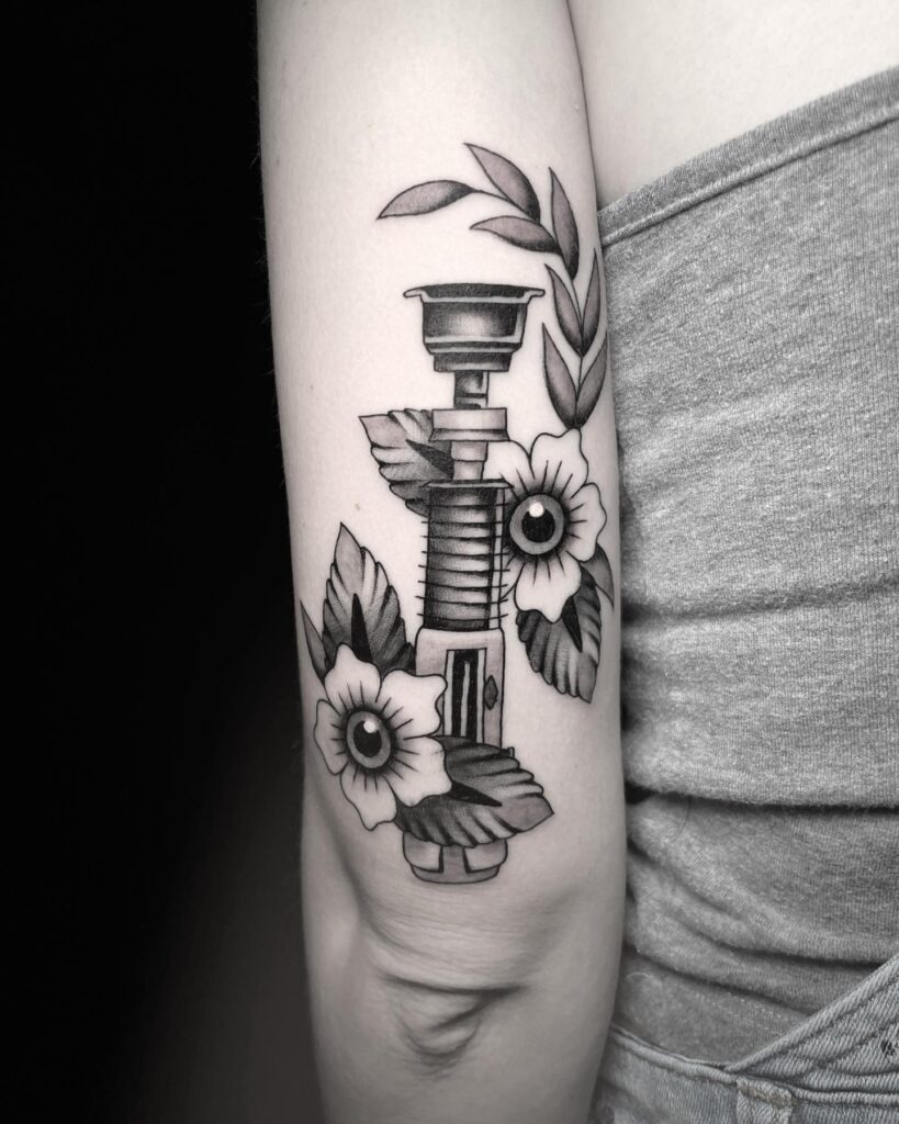 Luke Skywalker Lightsaber with Floral Blackwork Tattoo Tattoo Design