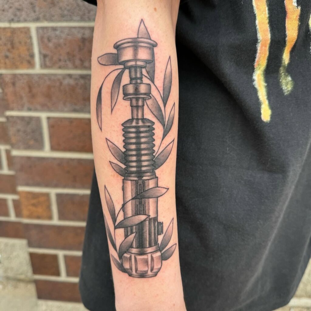 Obi-Wan Kenobi Lightsaber Tattoo with Laurel Leaves Tattoo Design