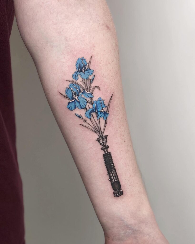 Obi-Wan Kenobi Lightsaber with Blue Iris Bouquet Tattoo Tattoo Design