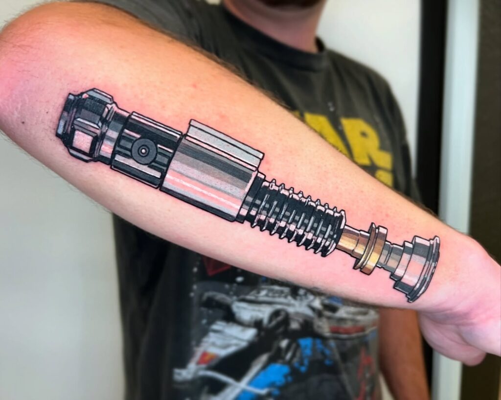 Realistic Obi-Wan Kenobi Lightsaber Tattoo on Forearm Tattoo Design