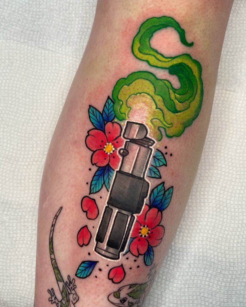 Vibrant Lightsaber with Floral and Smoke Tattoo Tattoo Design