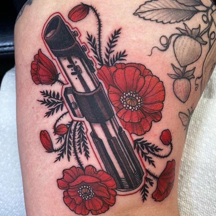 Vibrant Obi-Wan Lightsaber and Blue Floral Tattoo Tattoo Design