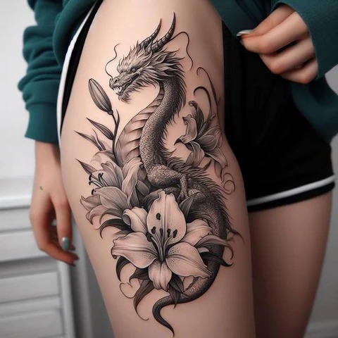 Combining the fierceness of a dragon with the elegance of lilies, this thigh tattoo is truly mesmerizing.