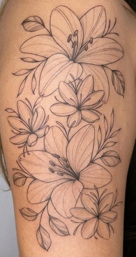 Airy Lily Garden Tattoo, a tattoo design rendered in clean detailed linework.