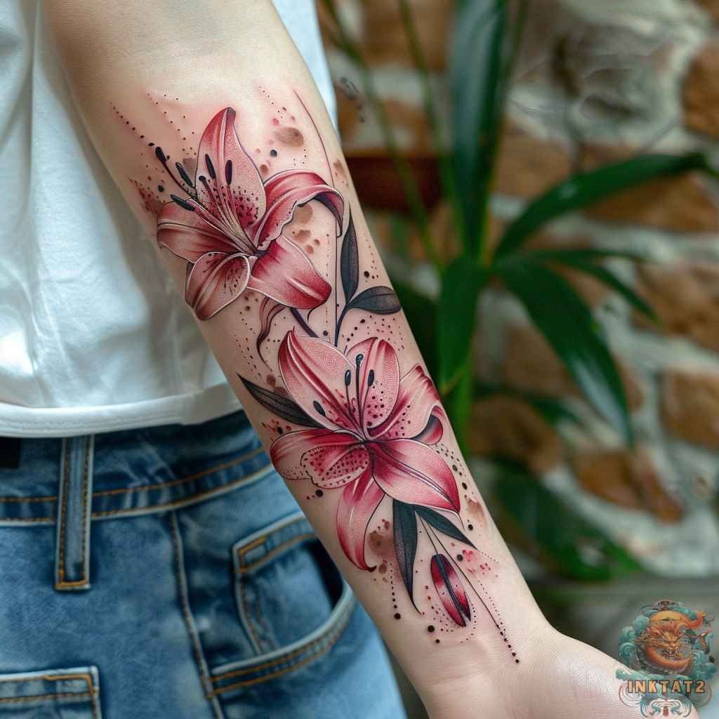 Colorful Lily Bloom Tattoo, a tattoo design rendered in clean detailed linework.