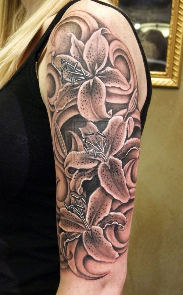 Dramatic Floral Lily Tattoo, a tattoo design rendered in clean detailed linework for the back.