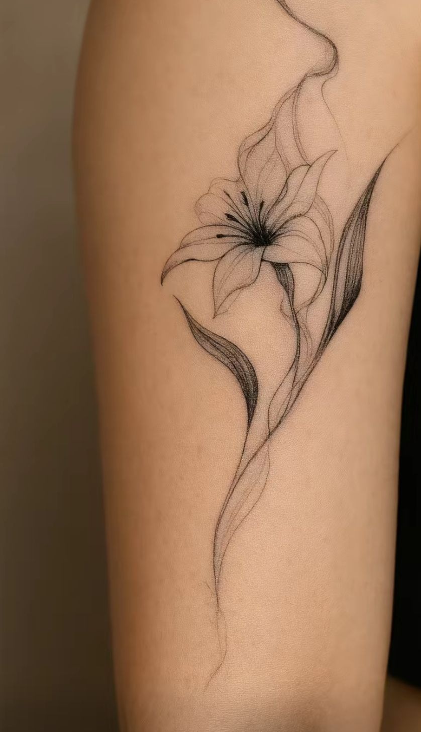 Minimal Flowing Lily Tattoo, a tattoo design rendered in fine-line for the leg.