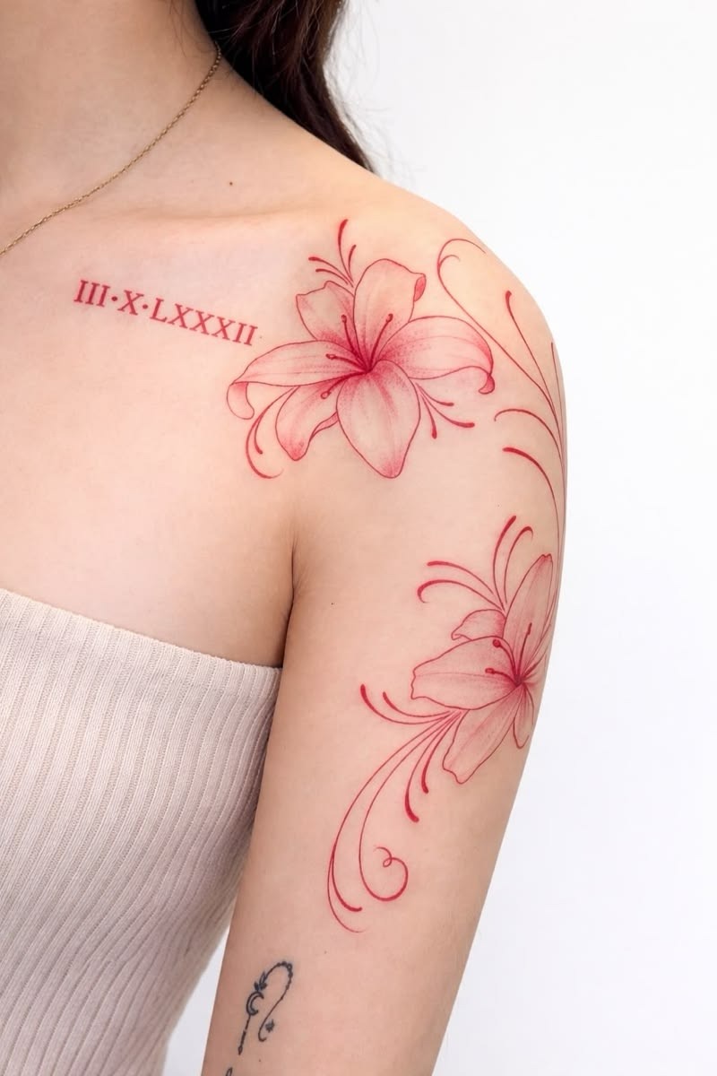 Scarlet Lily Line Tattoo, a tattoo design rendered in clean detailed linework for the upper arm.