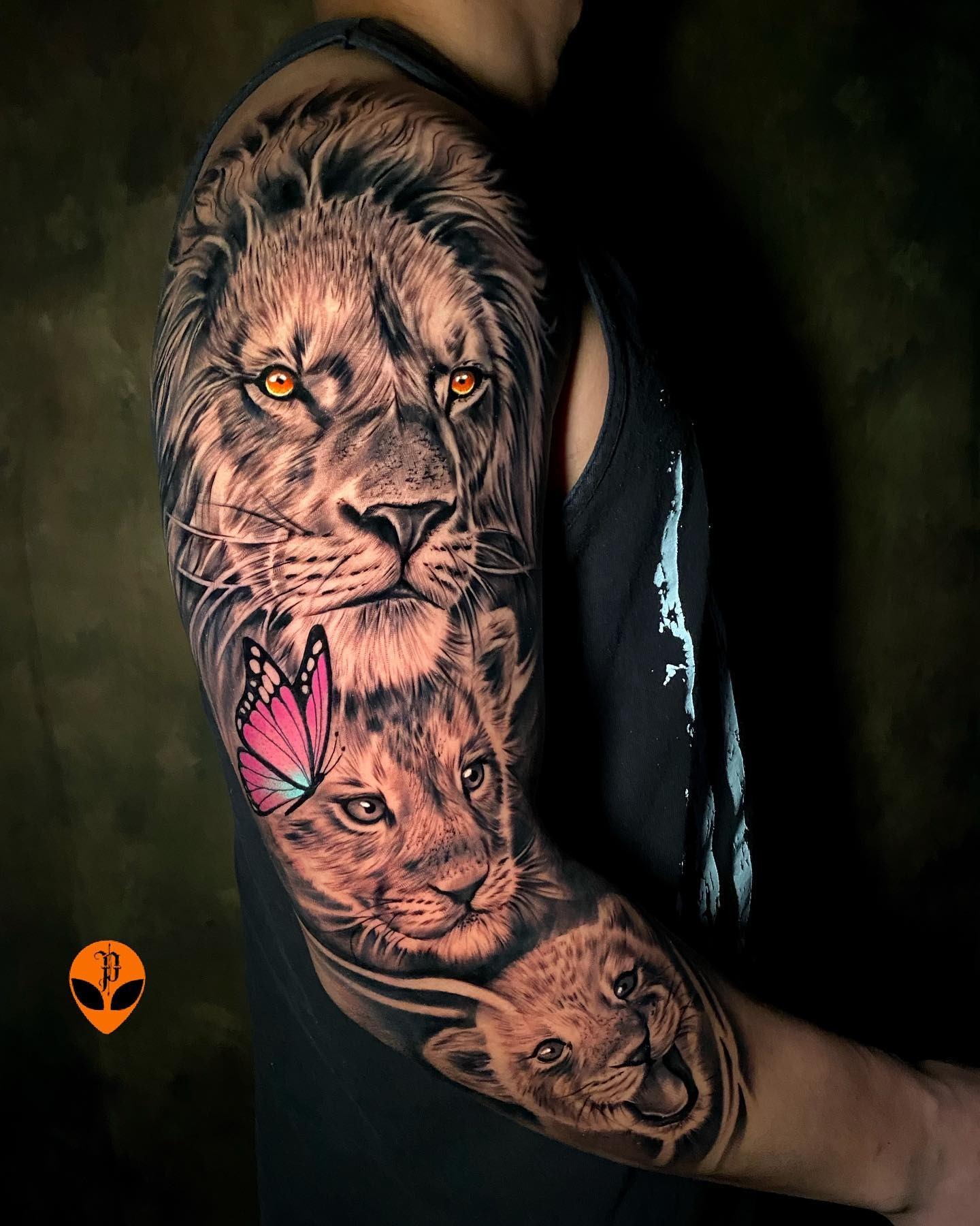 Lion and Two Cubs Butterfly Tattoo Tattoo Design