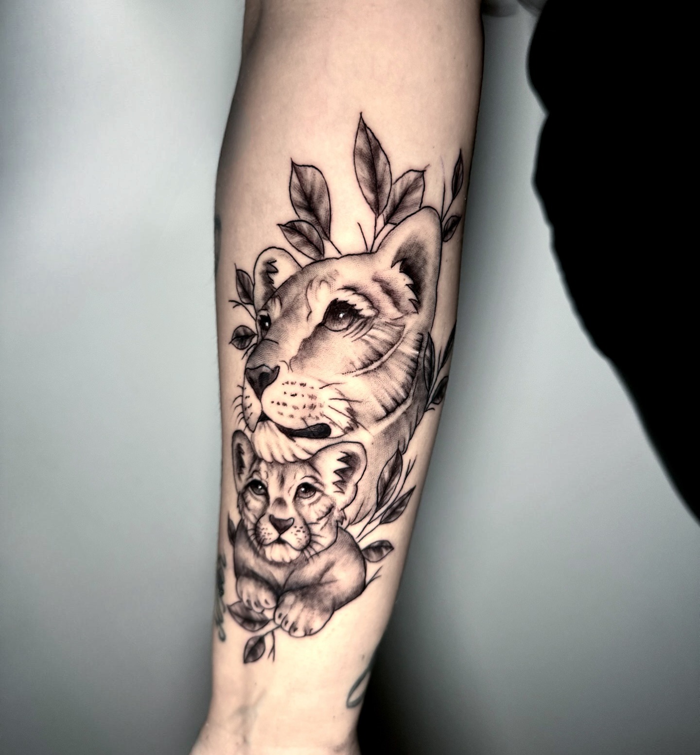 Lioness and Cub Botanical Family Tattoo Tattoo Design