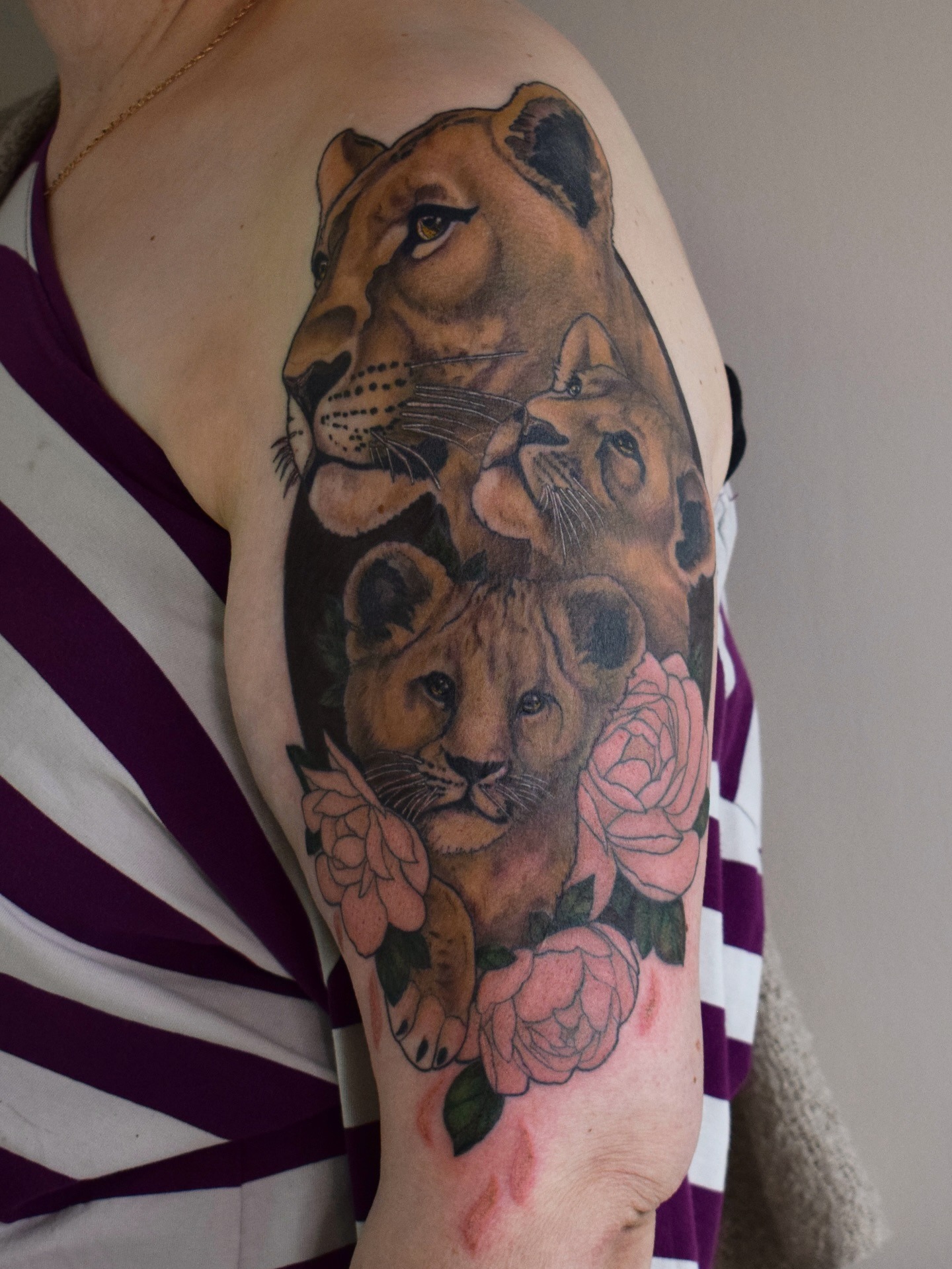 Lioness and Cub Roses Family Tattoo Tattoo Design