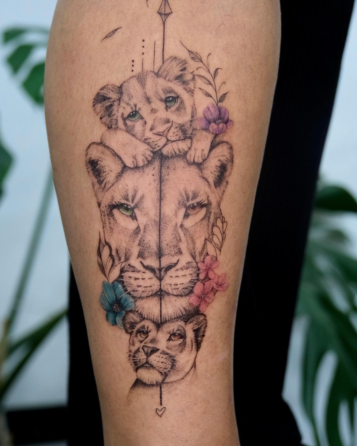 Lioness and Two Cubs Floral Family Tattoo Tattoo Design