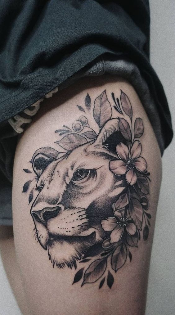 Abstract Art Lion Tattoo with Flowers Tattoo Design