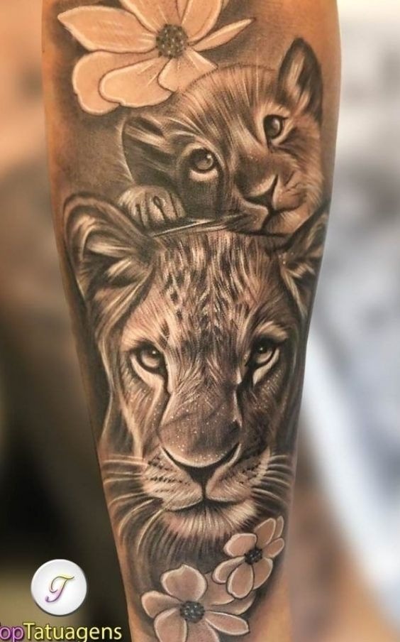 Forearm Lion Tattoo with Clock and Flowers Tattoo Design