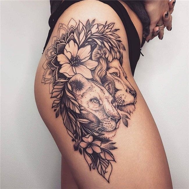 Grayscale Lioness and Flowers Hip Tattoo Tattoo Design