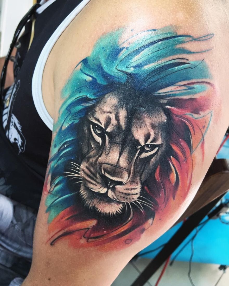 Intricate Architectural Lion Design in Grayscale Tattoo Design