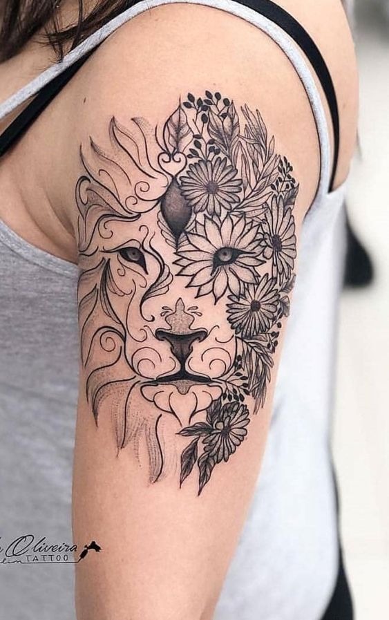 Lion and Flowers Tattoo with Familia Script Tattoo Design
