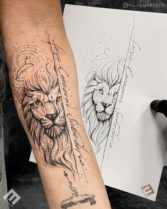 Lion Tattoo Ideas: Large Lion Head Tattoo with Subtle Coloring Tattoo Design