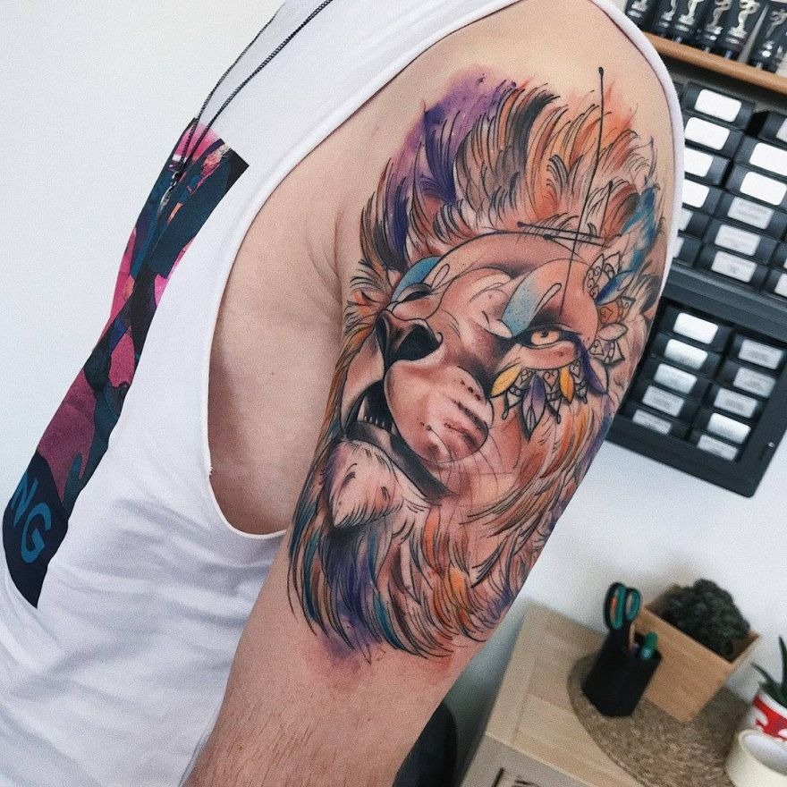 Lion Tattoo Ideas: Lion Tattoo with Abstract Shapes Tattoo Design